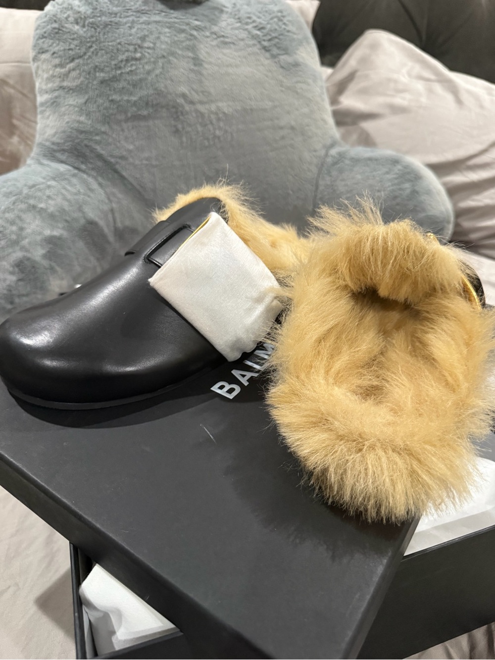 Balmain Black Leather Mules with Yellow Fur and Gold Buckle - Picture 4 of 7